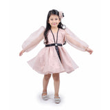 Peach Dot Organza Frock with Flower Clip