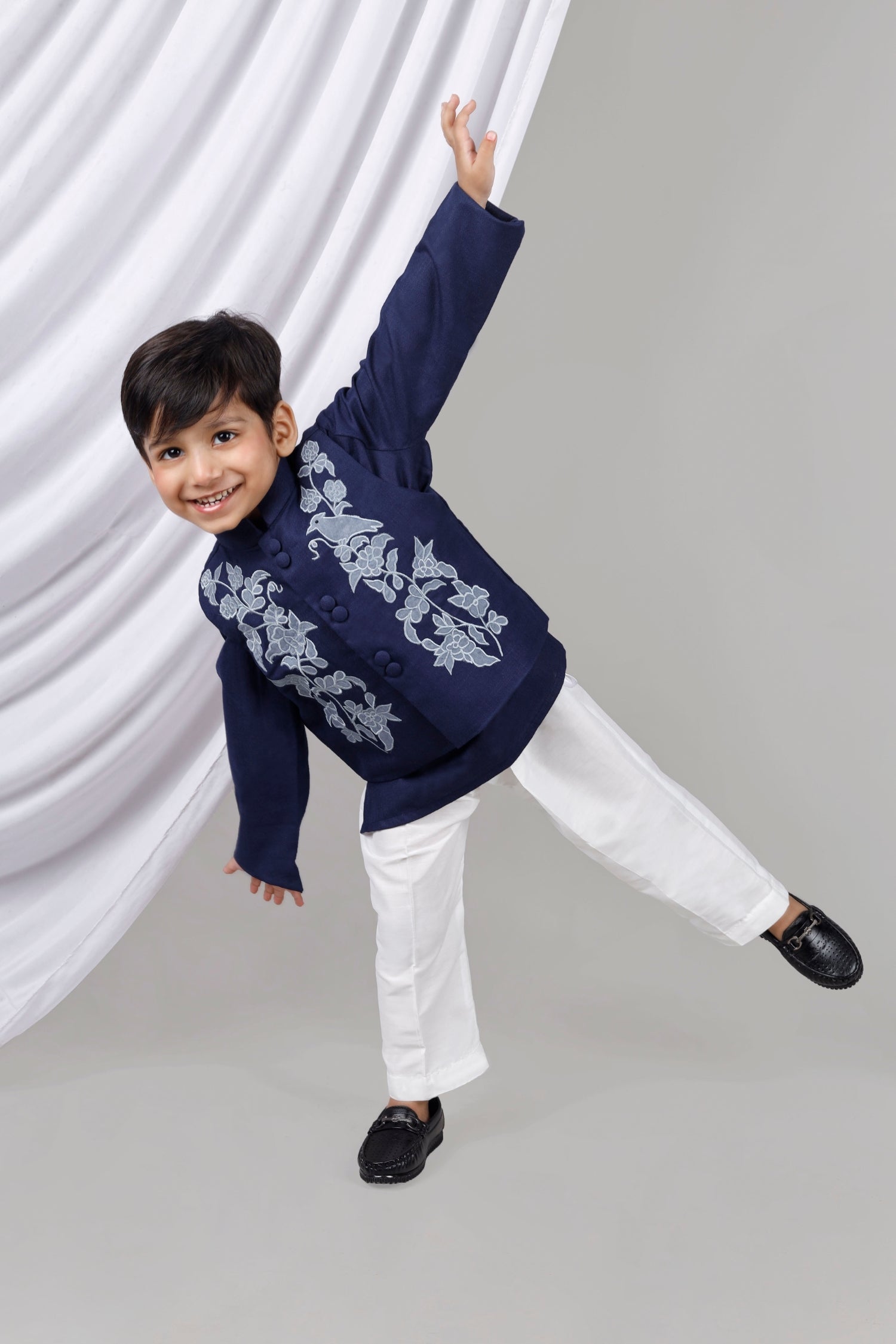 Blue Applique Kurta Jacket Set