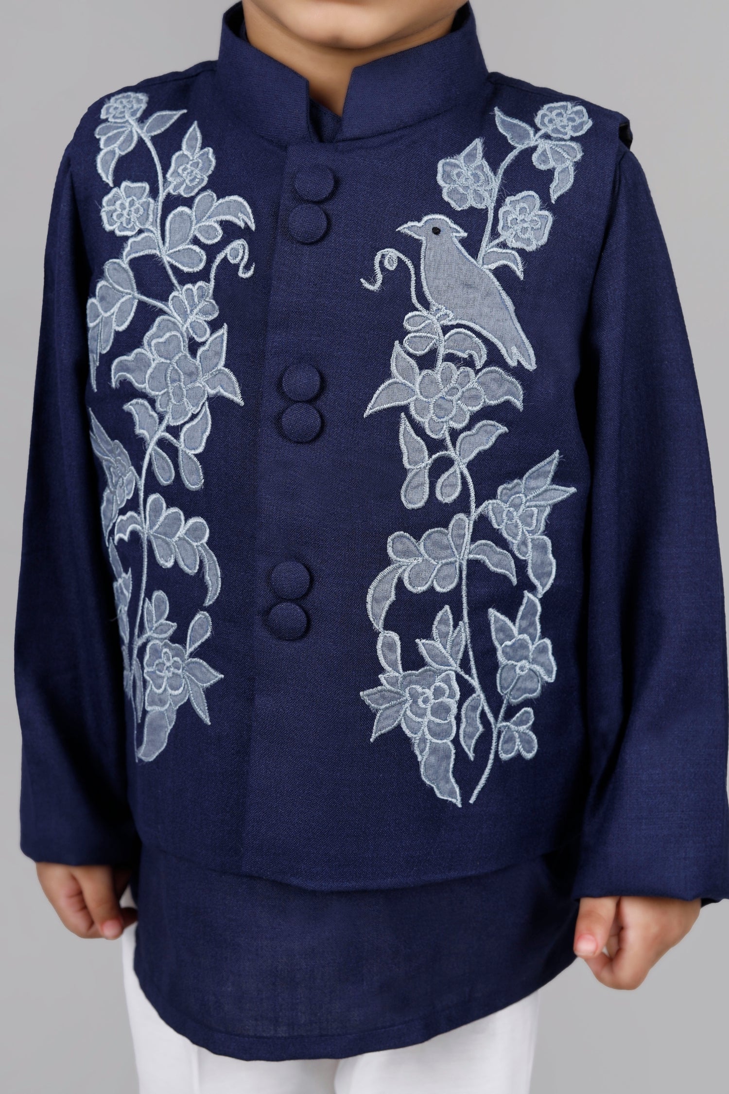 Blue Applique Kurta Jacket Set