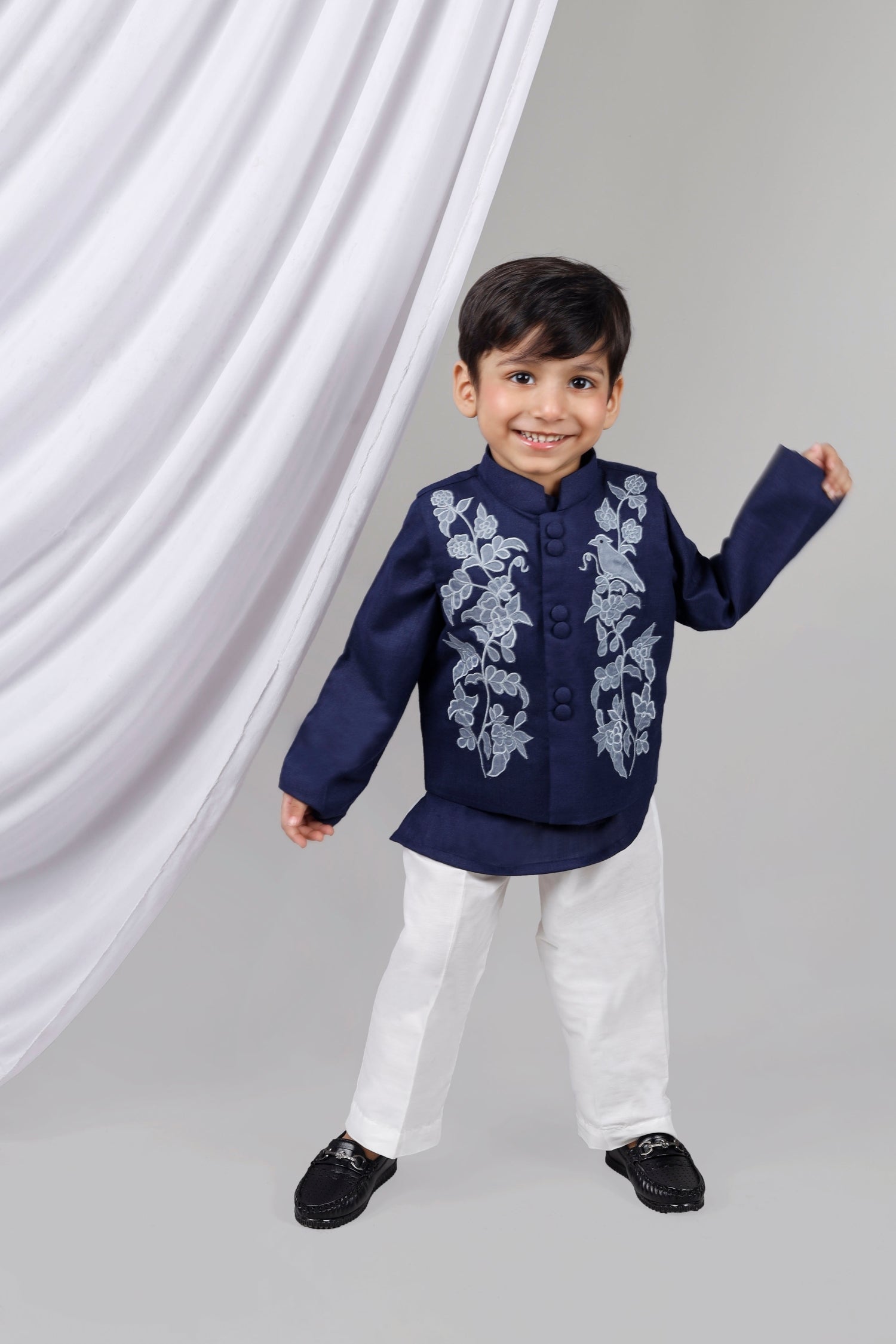 Blue Applique Kurta Jacket Set