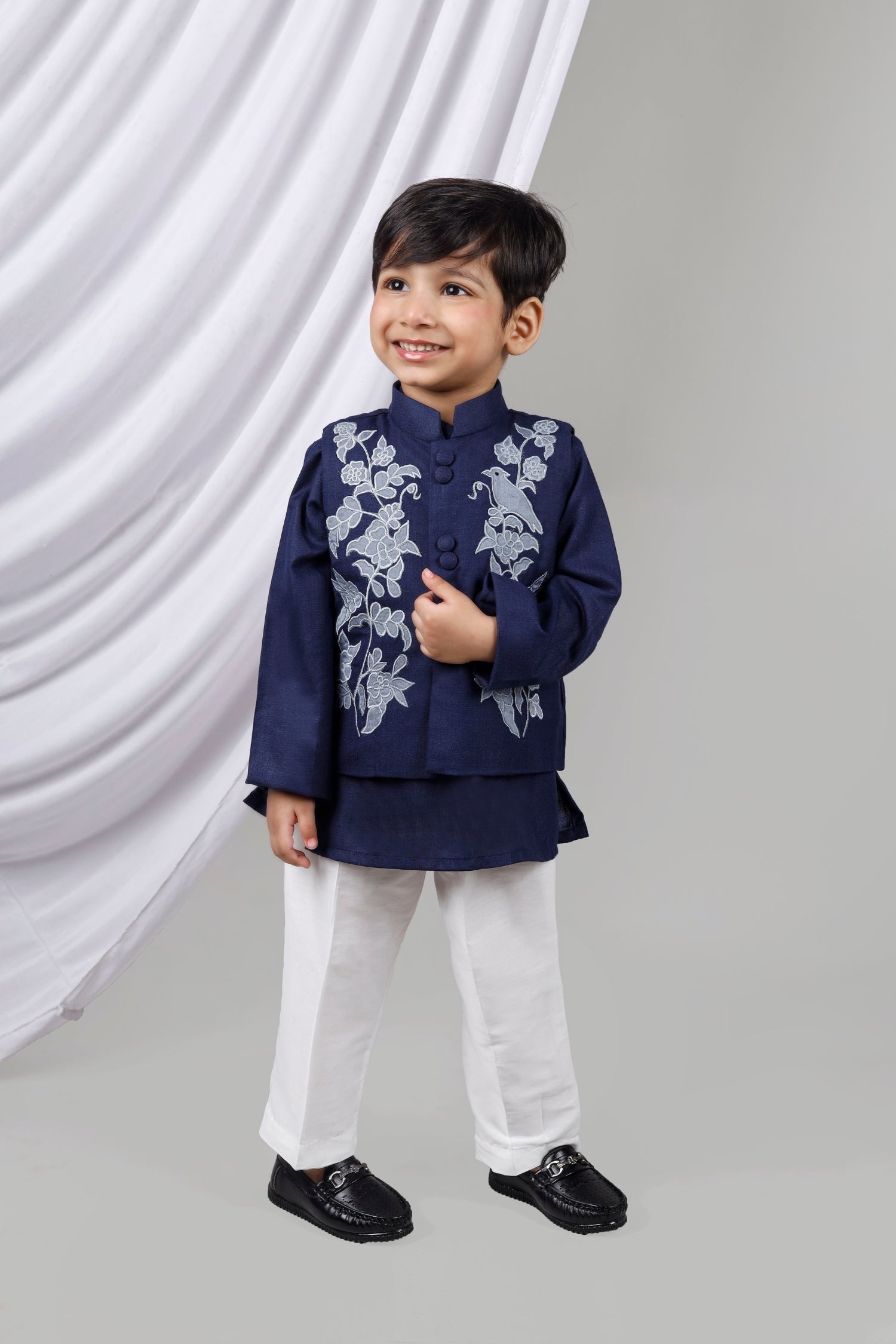 Blue Applique Kurta Jacket Set