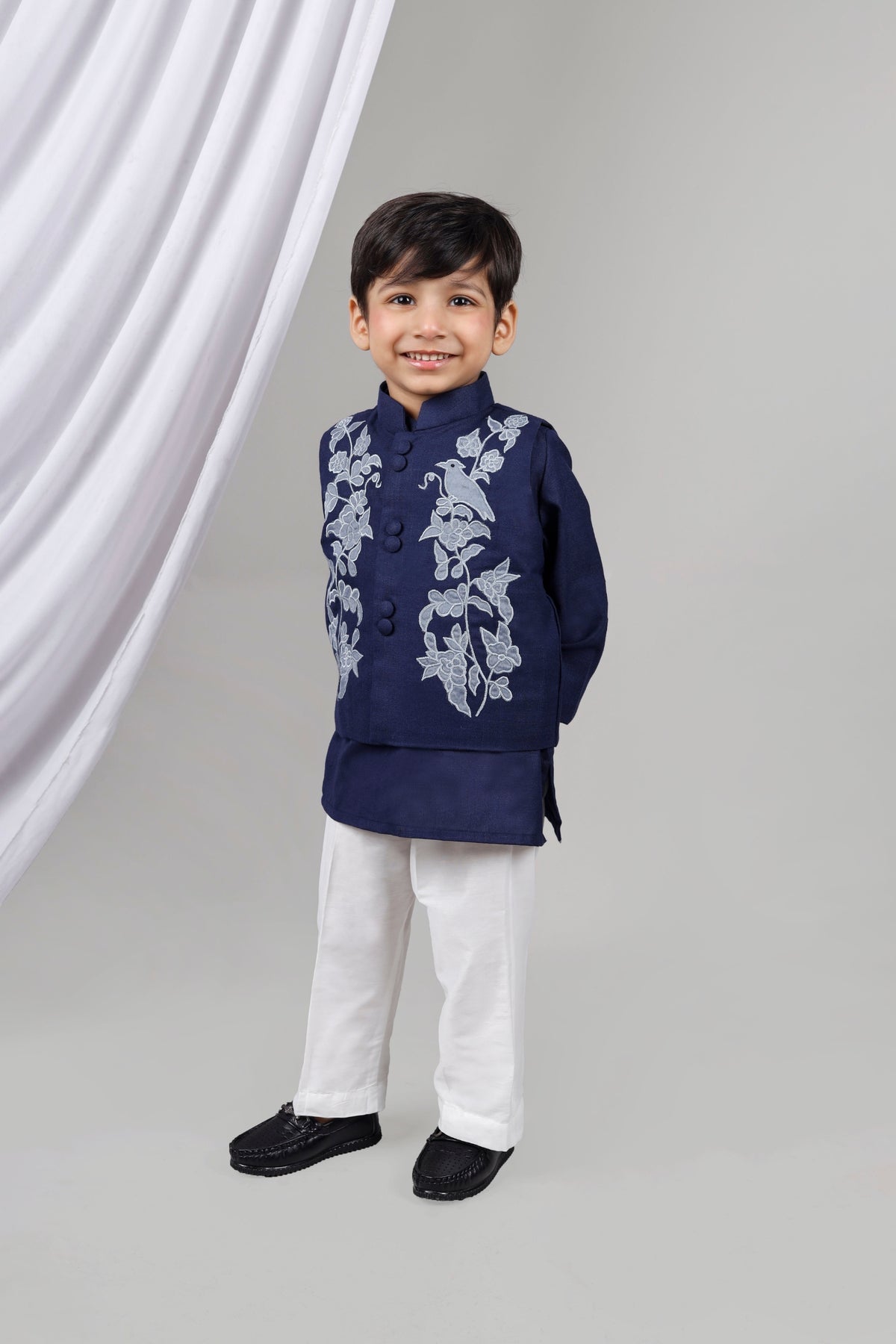 Blue Applique Kurta Jacket Set