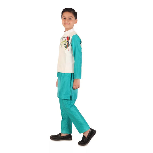 Green Parrot Kurta Jacket Set